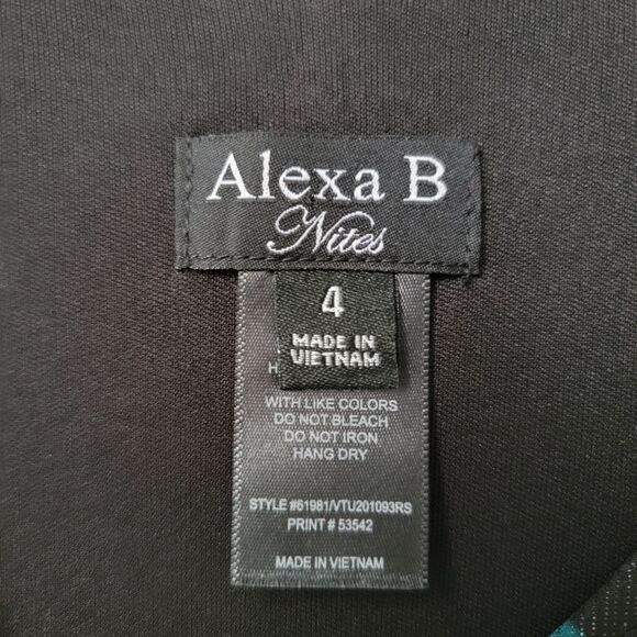 ALEXA B NITES Blue & Green Rose & Leaf Motif Gown Woven Metallic Silver Size 4 - Picture 4 of 9